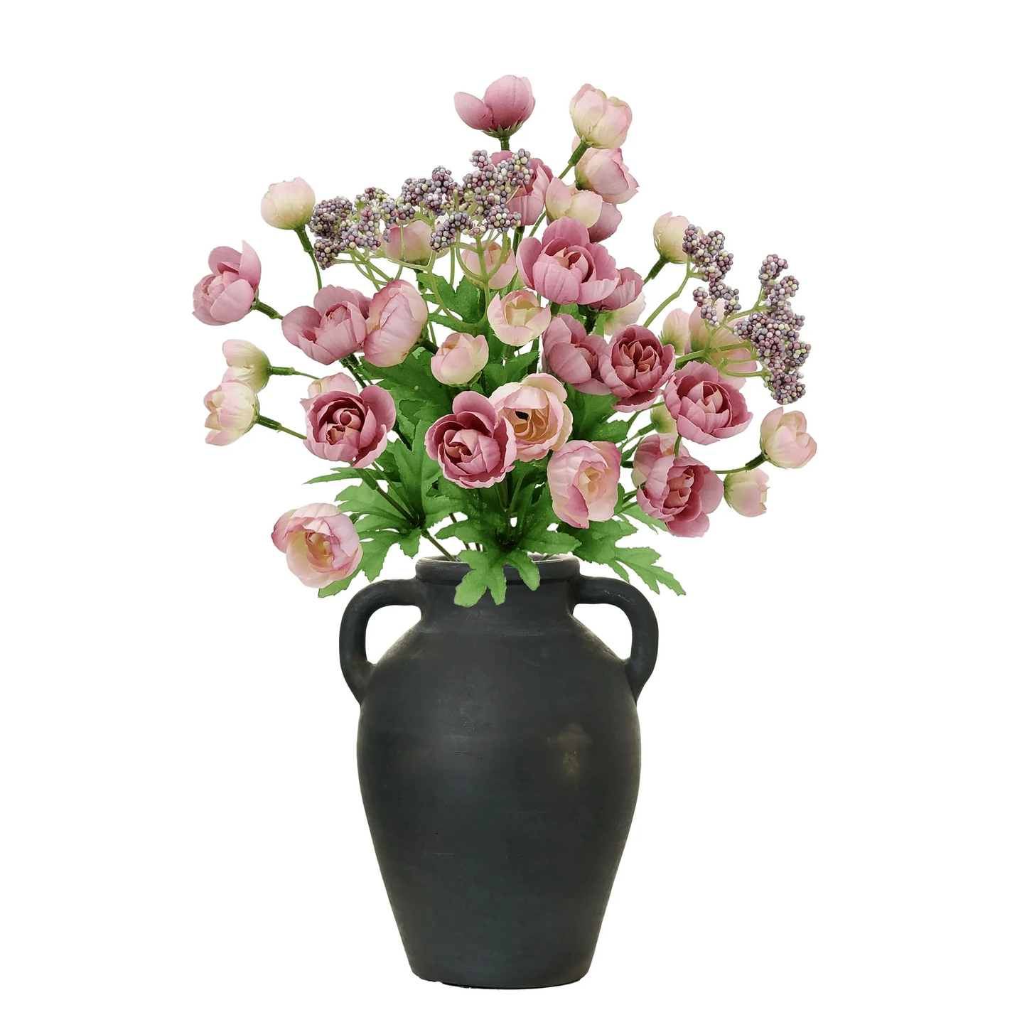 Black vase with pink flowers on a white background