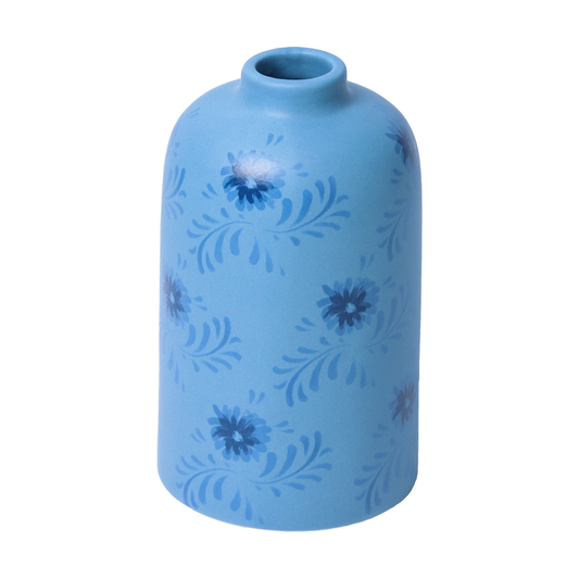 Blue vase with floral patterns on a white background
