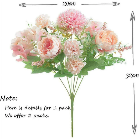 Bouquet of pink and white flowers with measurements on a white background
