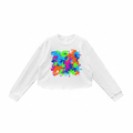 White long-sleeve shirt with colorful abstract design on a white background