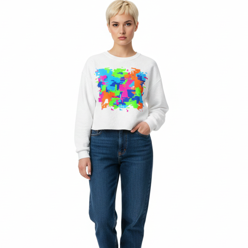Person wearing a white sweatshirt with a colorful pattern and blue jeans on a white background