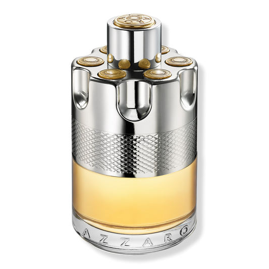 Perfume bottle with silver cap and body on a white background