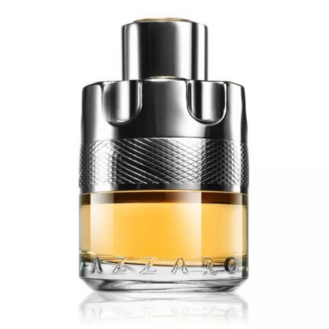 Perfume bottle with metallic cap and yellow liquid on a white background