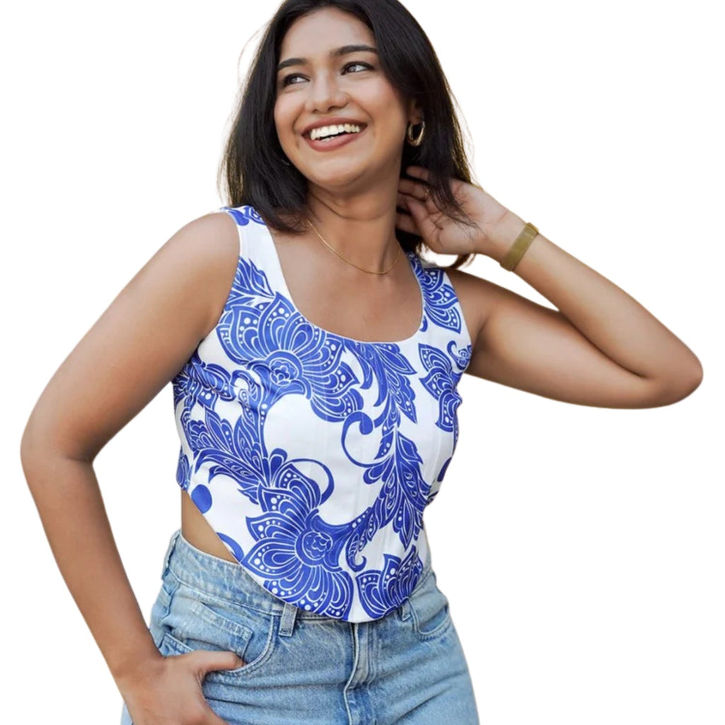 Blue Rising Floral Vector Print Corset – Zip Up Structured Fit