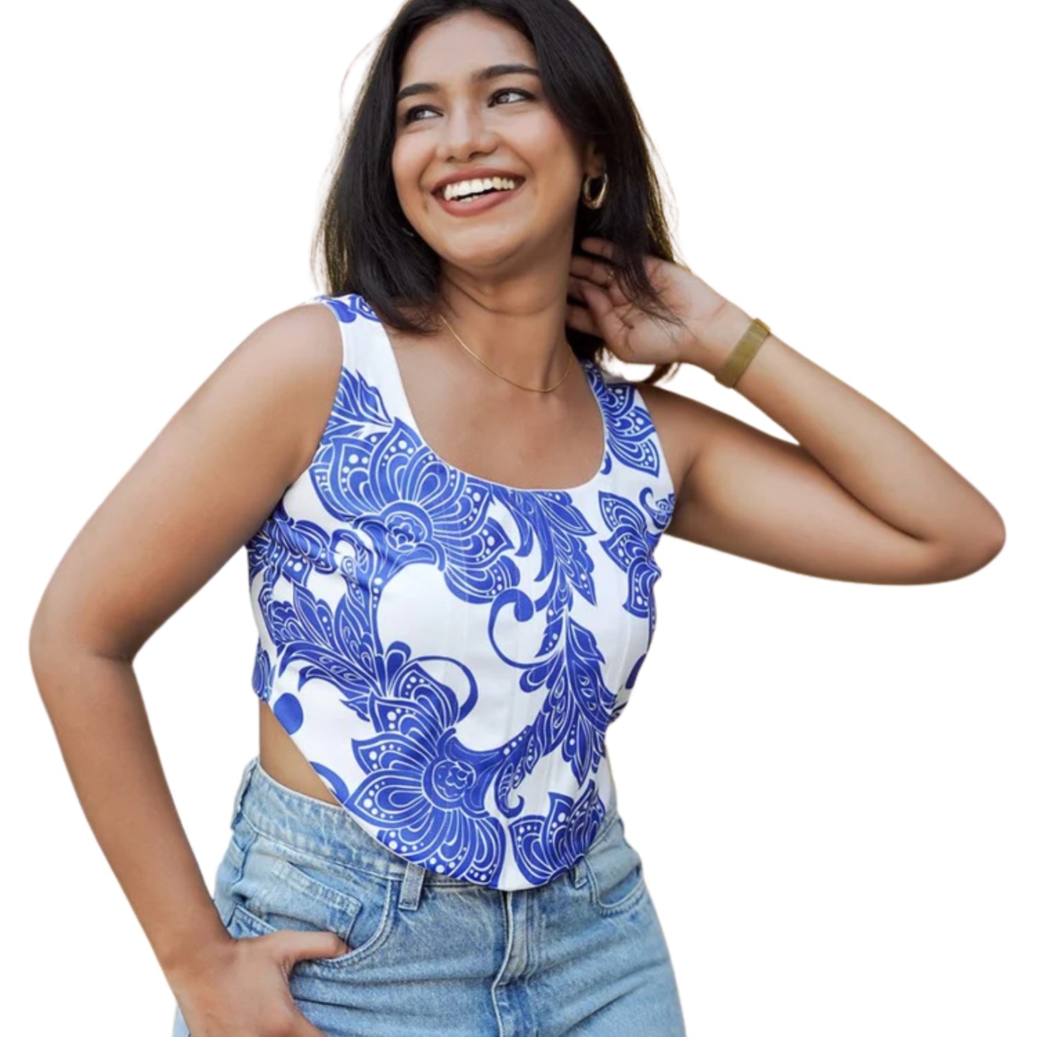 Blue Rising Floral Vector Print Corset – Zip Up Structured Fit