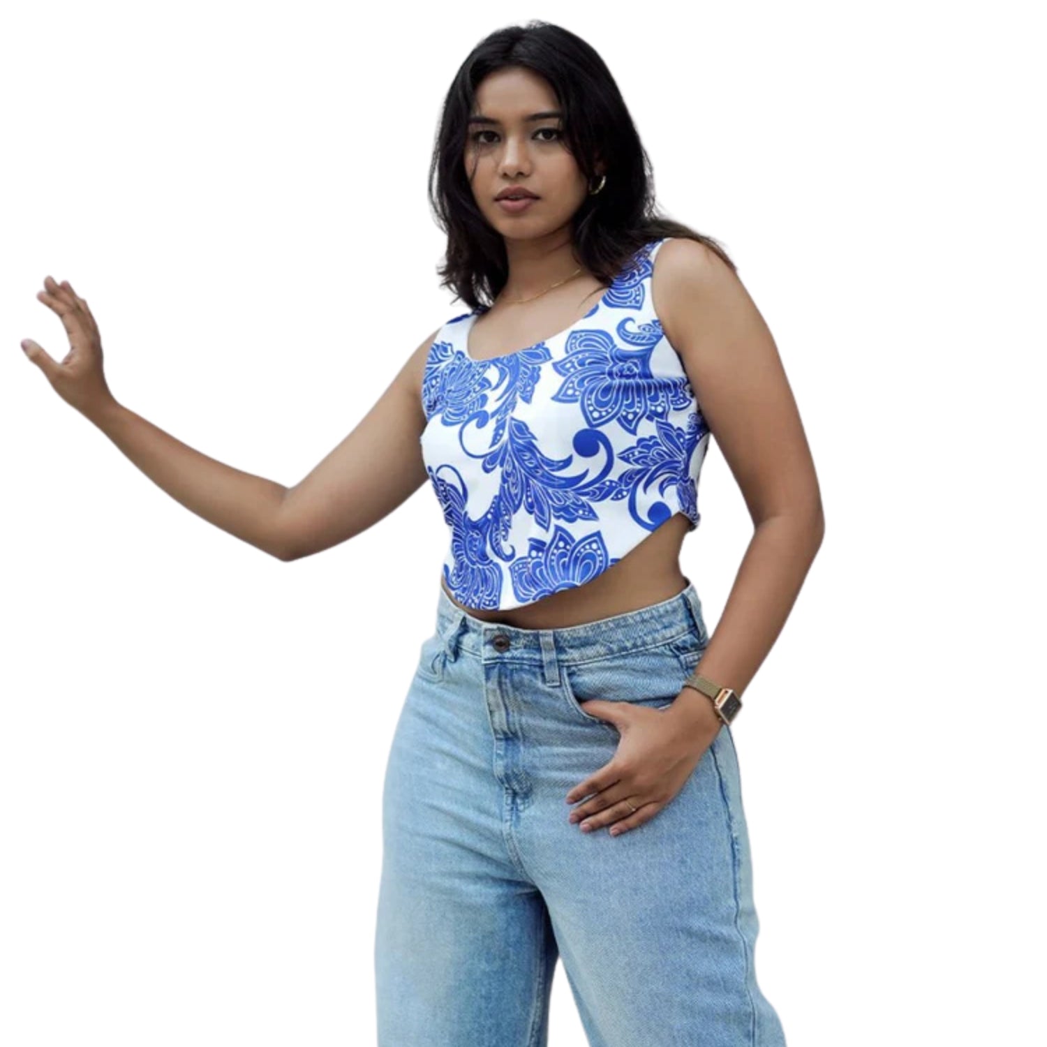 Blue Rising Floral Vector Print Corset – Zip Up Structured Fit