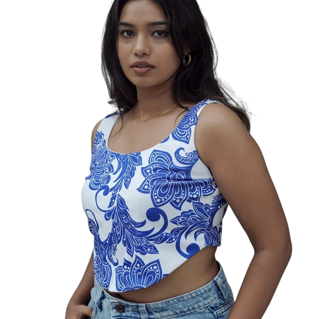 Blue Rising Floral Vector Print Corset – Zip Up Structured Fit