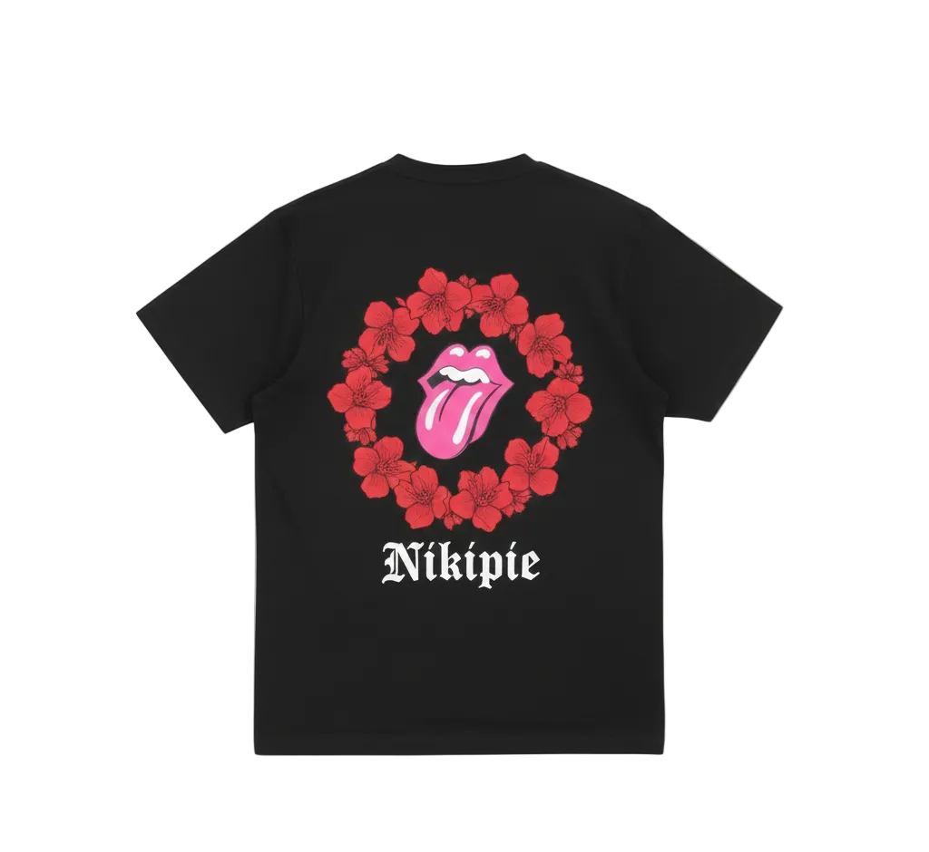 Black t-shirt with a floral heart design and 'Nikipie' text on a white background