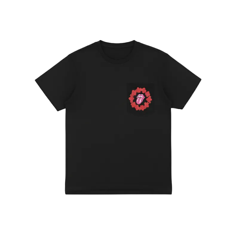 Black t-shirt with a red and pink graphic on a white background