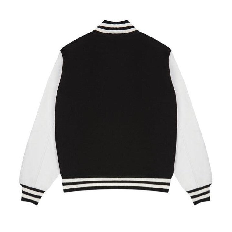 Back view of Trapstar Hyperdrive Chenille Varsity jacket in black