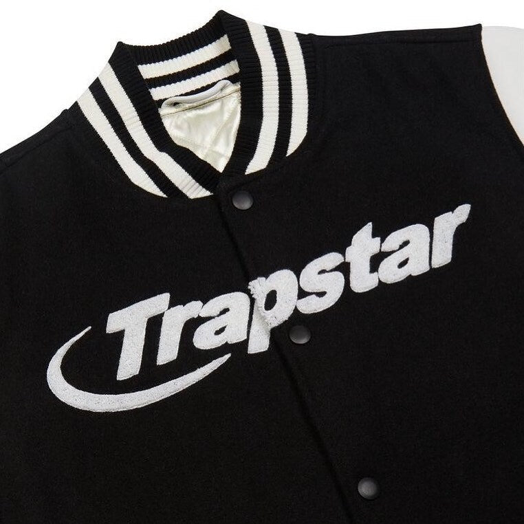 Closeup view of Trapstar Hyperdrive Chenille Varsity jacket in black