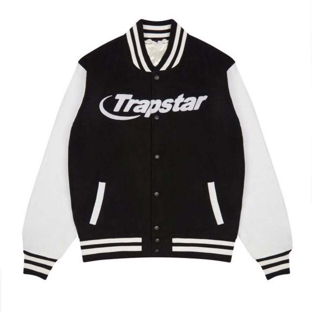Front view of Trapstar Hyperdrive Chenille Varsity jacket in black