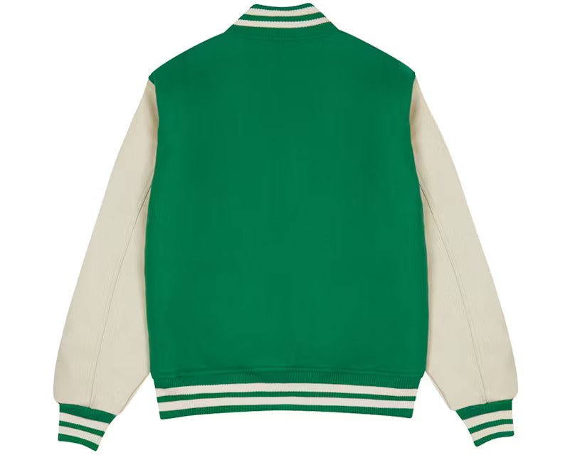 back view of Trapstar Hyperdrive Chenille Varsity jacket in green and cream