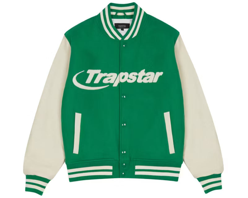 Front view of Trapstar Hyperdrive Chenille Varsity jacket in green and cream