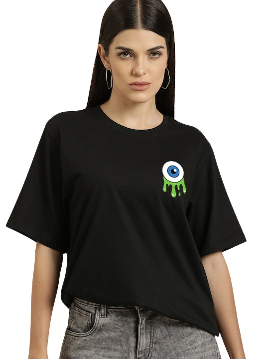 Front view of Black Eye oversized women’s printed t-shirt