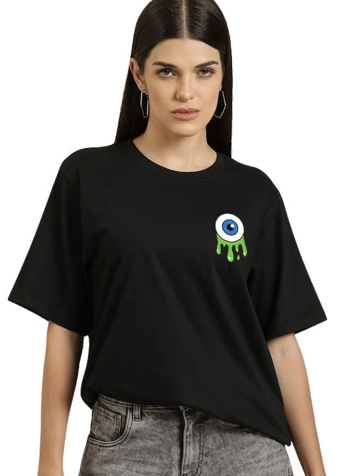 Front view of Black Eye oversized women’s printed t-shirt