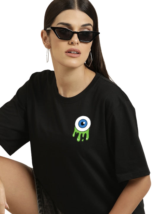 Model wearing Black Eye printed oversized t-shirt