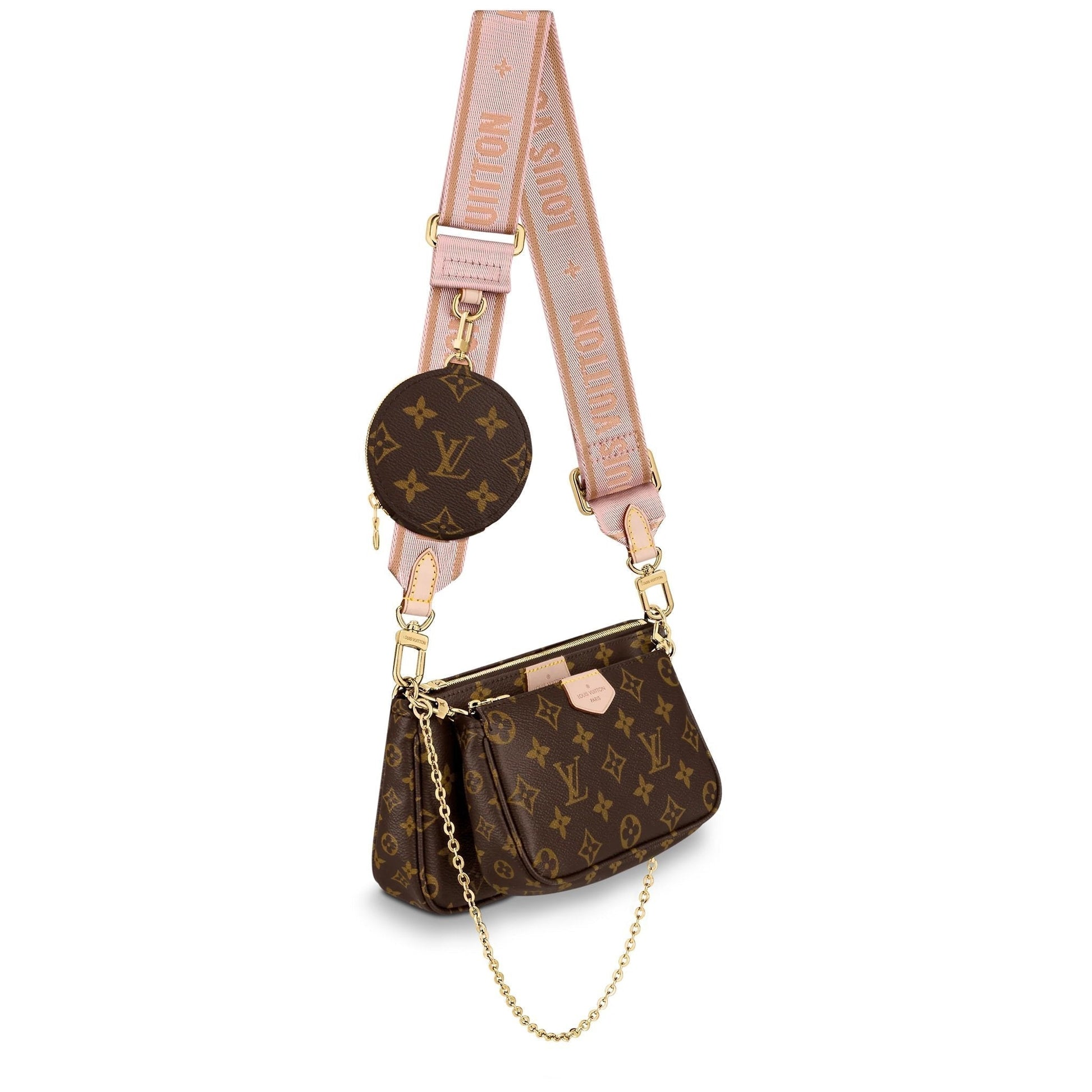 The bag shown with its adjustable pink jacquard strap