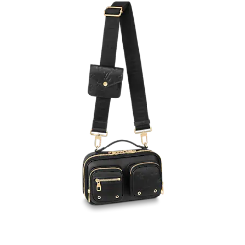 Front view of the Louis Vuitton Utility Crossbody in black calfskin leather.