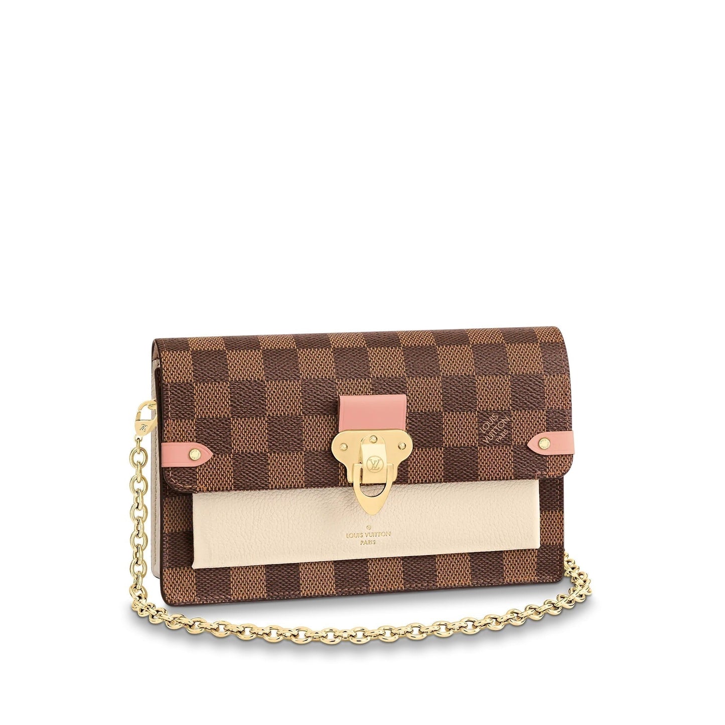 Front view of the Louis Vuitton Vavin chain wallet in Damier Ebene canvas