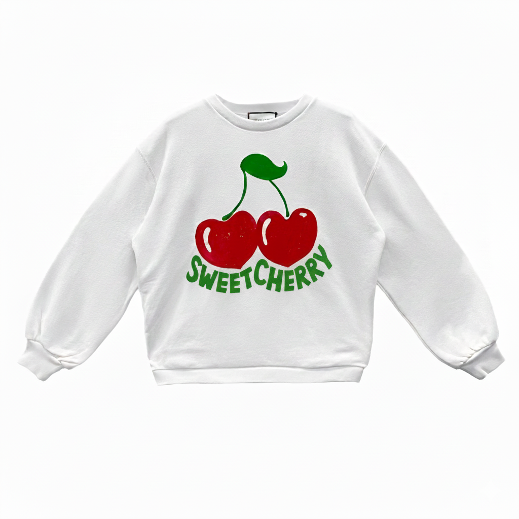 White sweatshirt with red cherries and 'Sweet Cherry' text on a white background