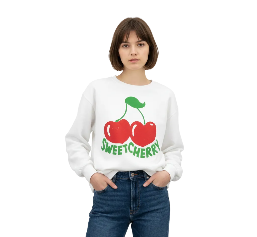 Person wearing a white sweatshirt with cherry design and 'Sweet Cherry' text on a plain background