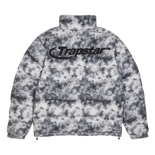 Trapstar Hyperdrive Puffer Jacket Tie Die Gray tie-dye jacket with 'Trapstar' logo on a white background