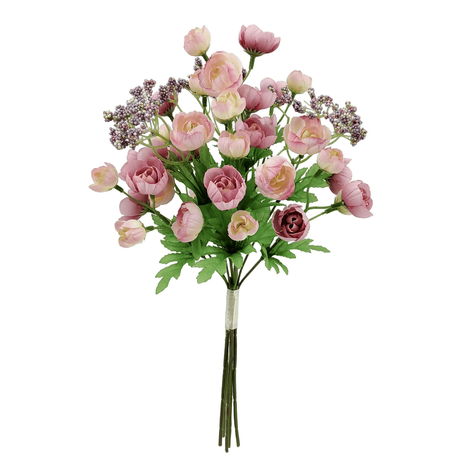Bouquet of pink and green artificial flowers on a white background