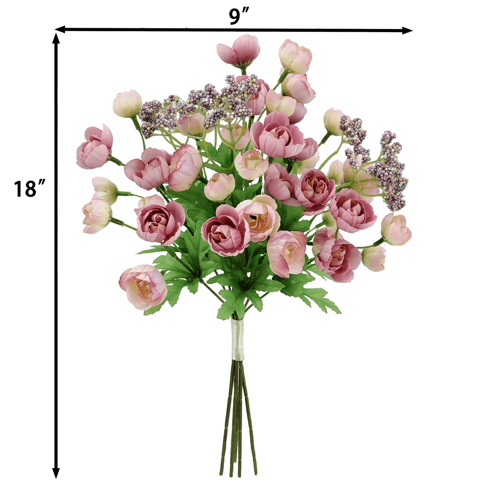 Bouquet of pink flowers with measurements on a white background