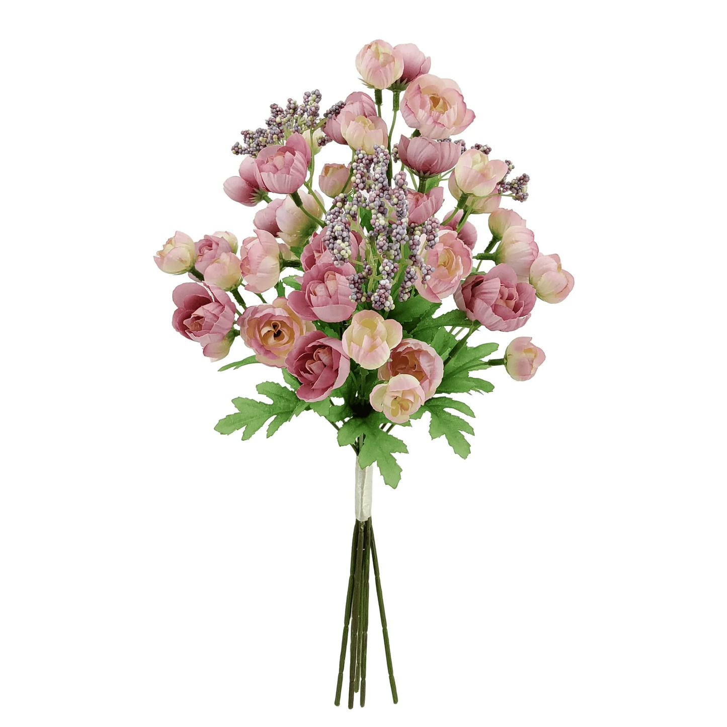 Bouquet of pink flowers with green leaves on a white background