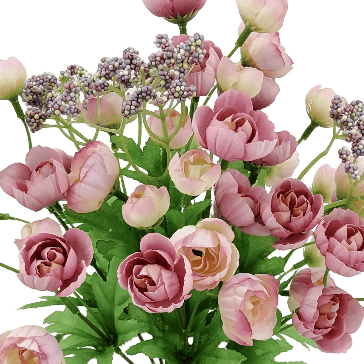 Bouquet of pink and green flowers on a white background