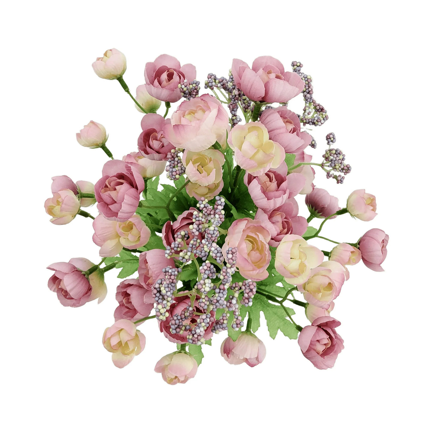 Bouquet of pink and white flowers with decorative elements on a white background