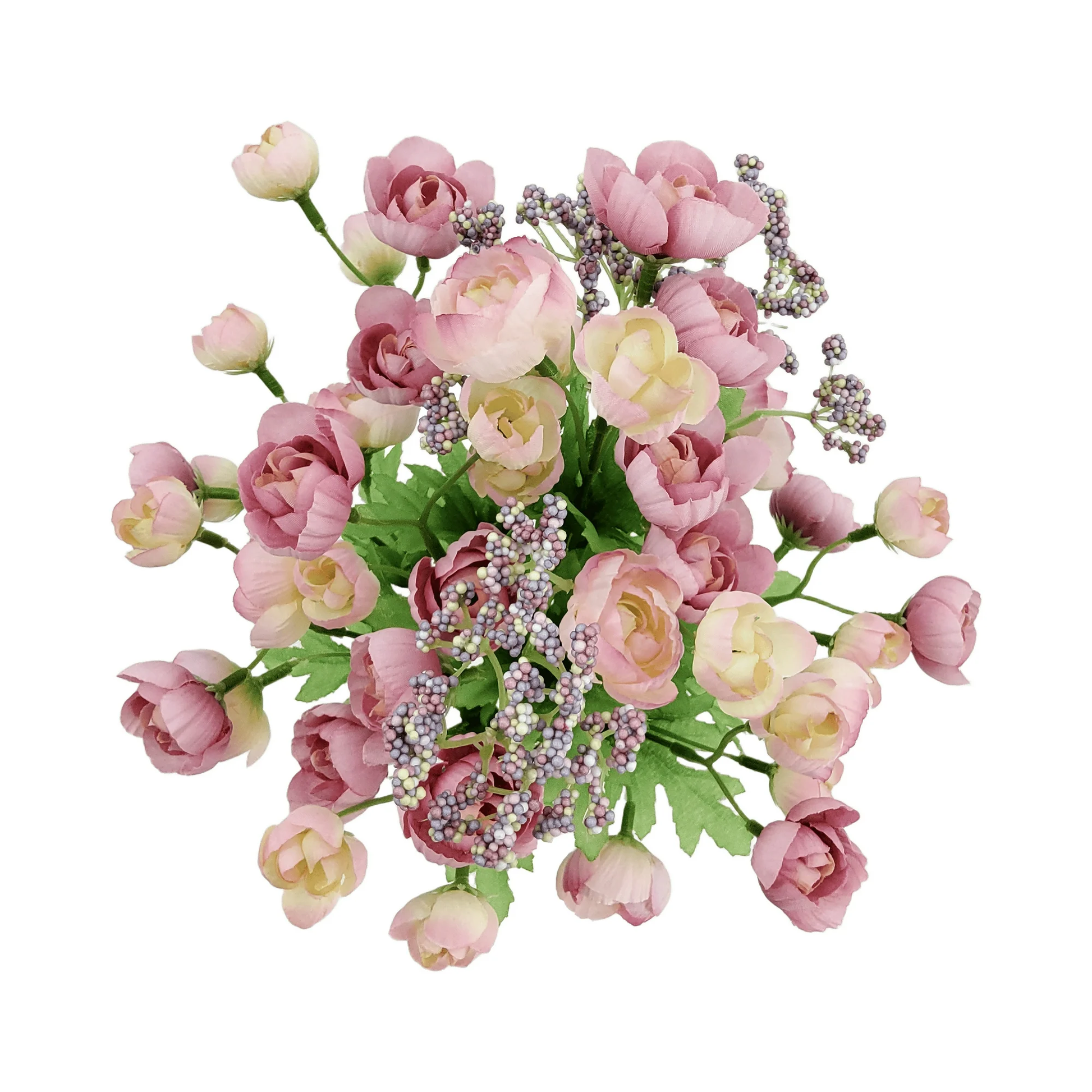 Bouquet of pink and white flowers with decorative elements on a white background