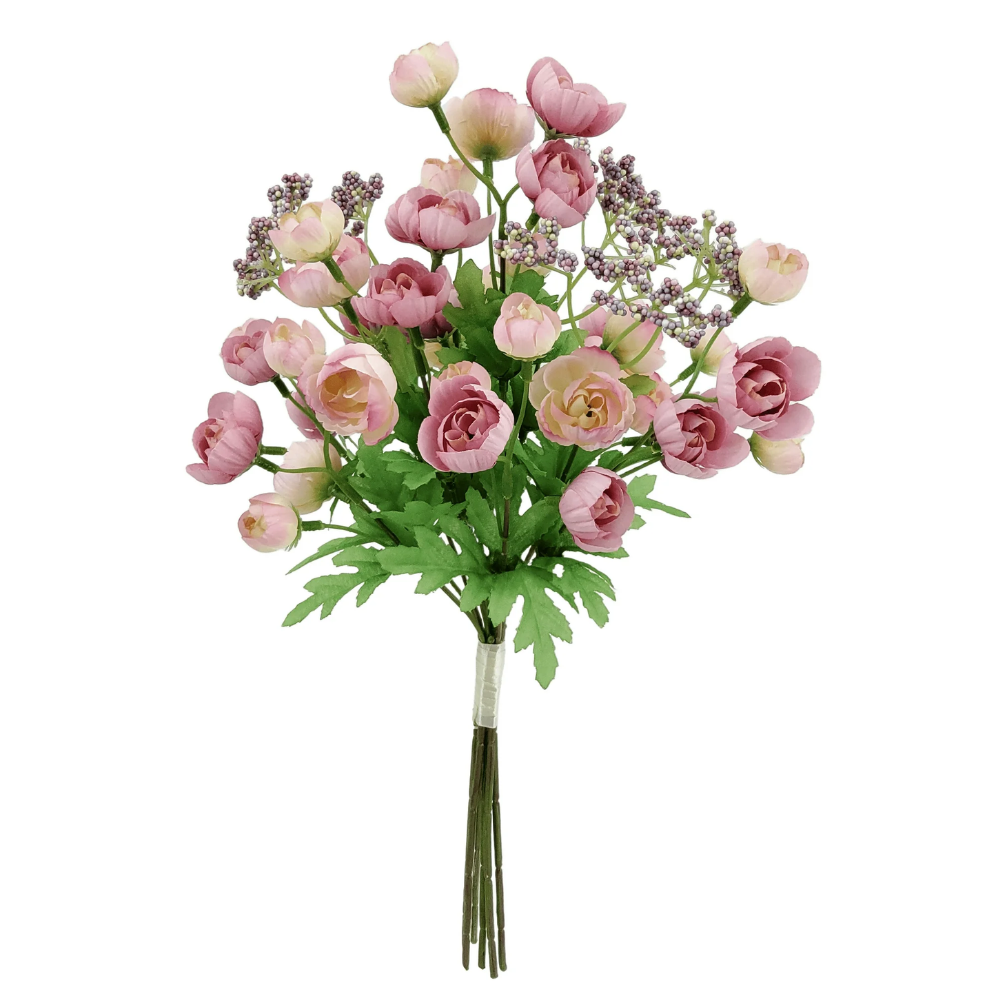 Bouquet of pink and white flowers with green leaves on a white background