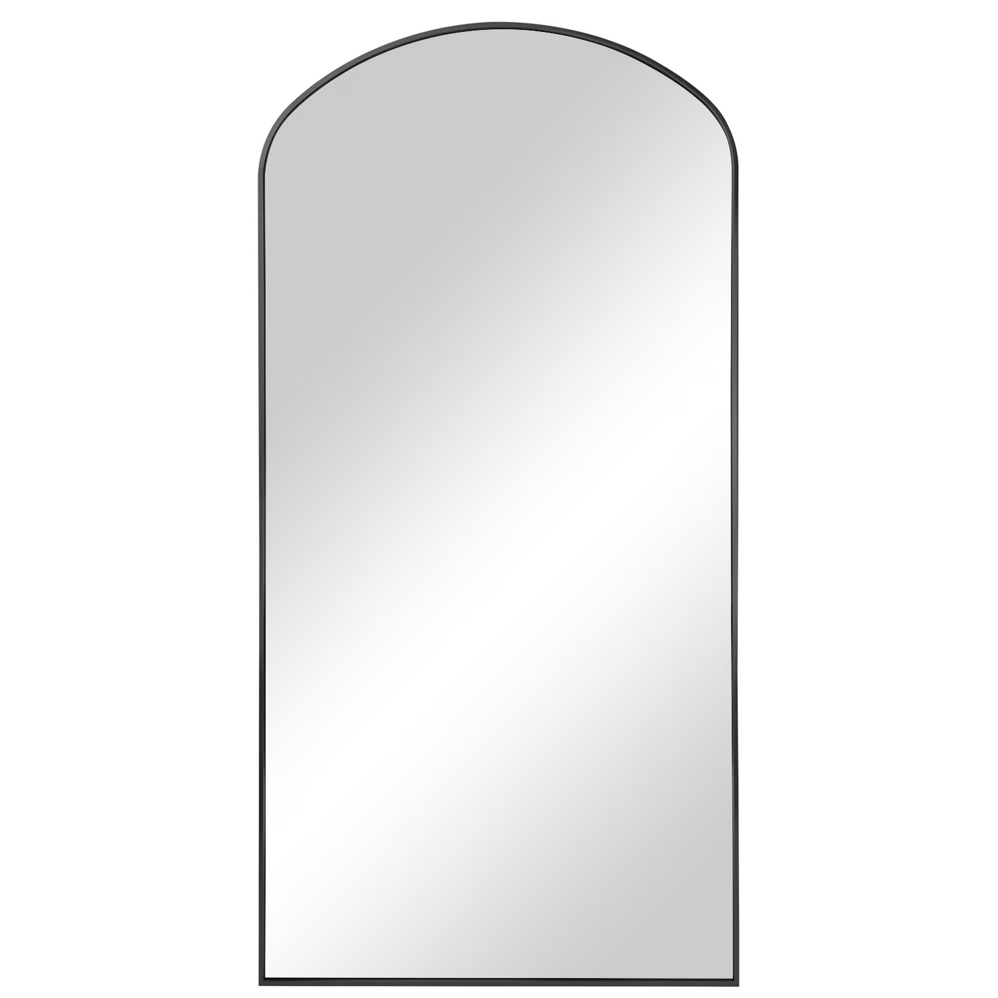 Arched mirror with black frame on a white background