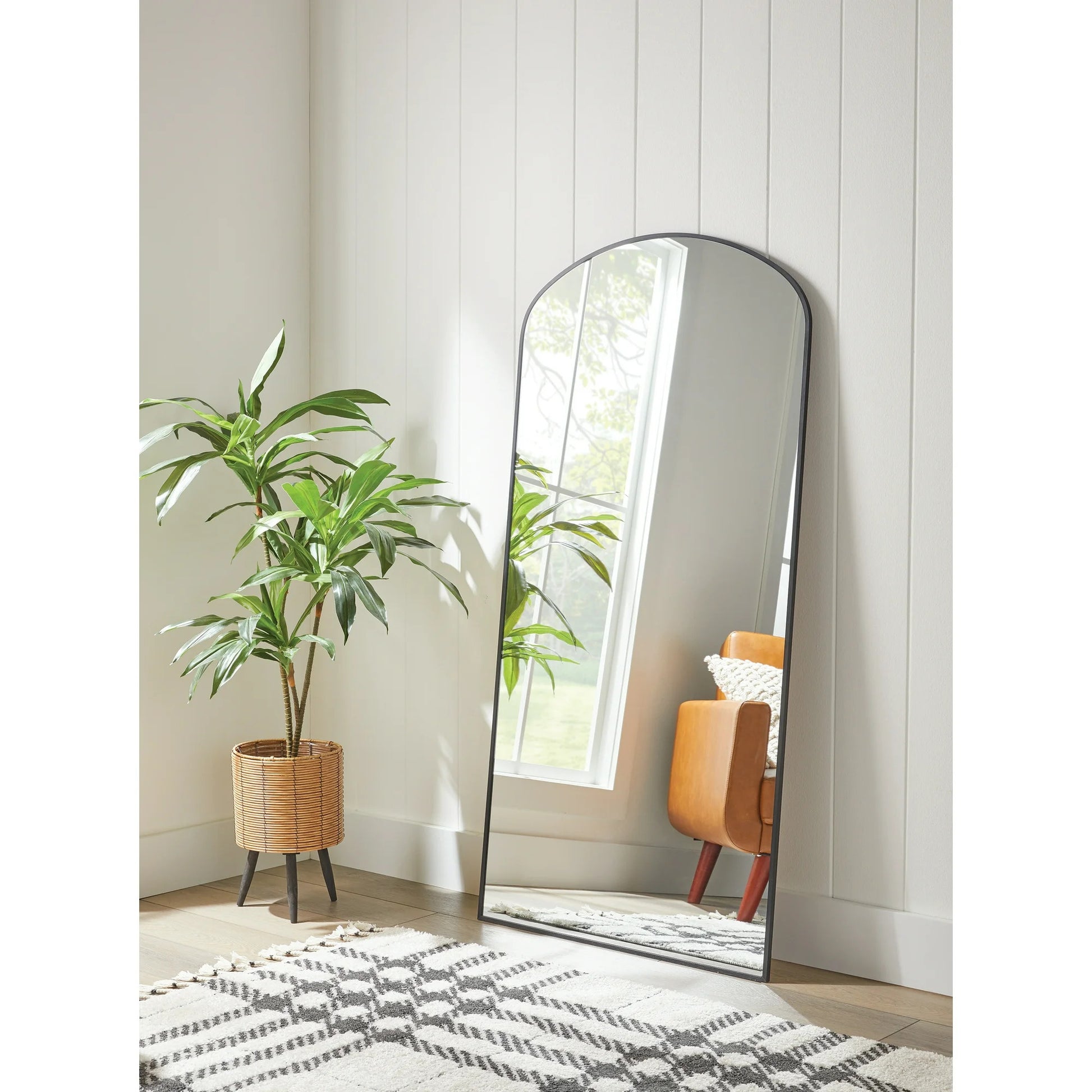 Full-length mirror leaning against a wall next to a plant and rug.