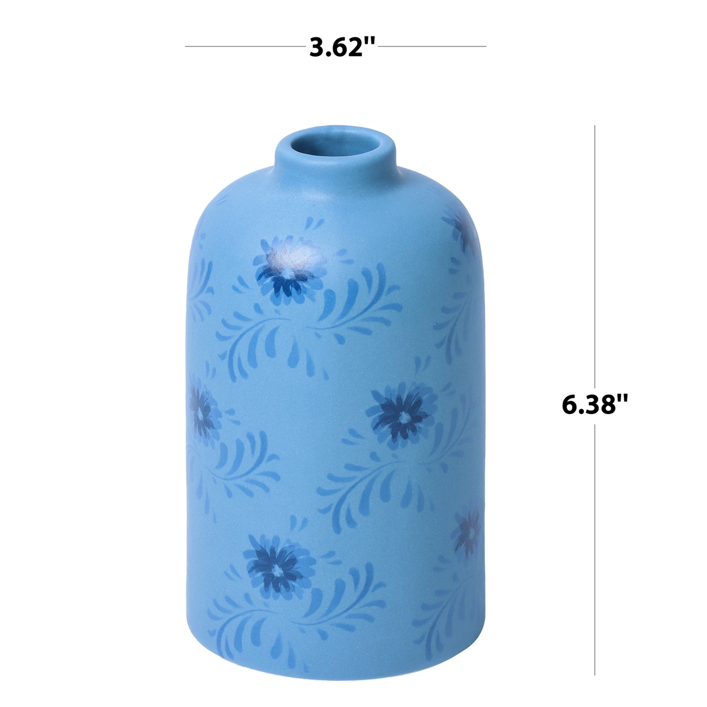 Blue vase with floral patterns and measurements on a white background
