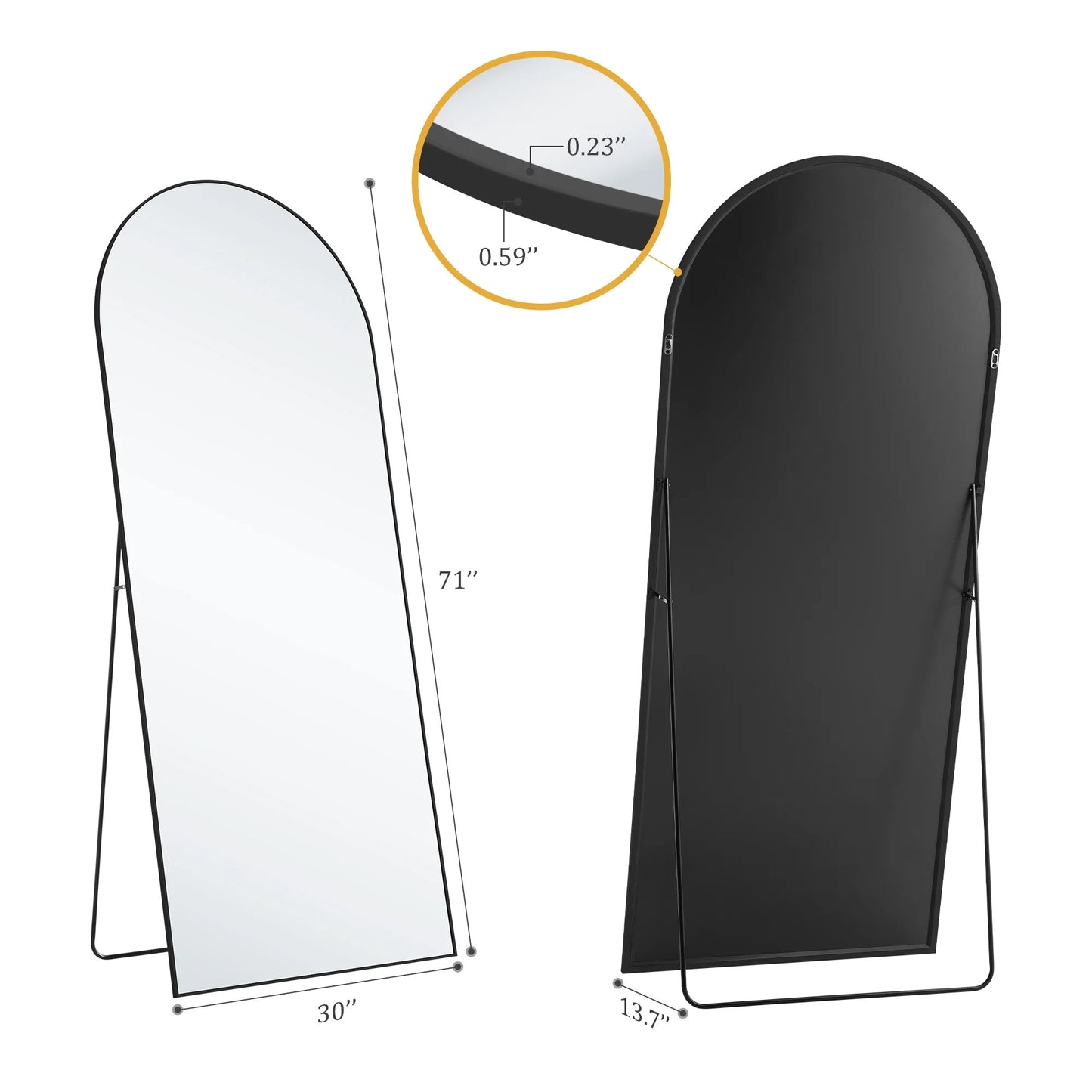 Measurement chart of a white and black standing mirror with dimensions labeled.
