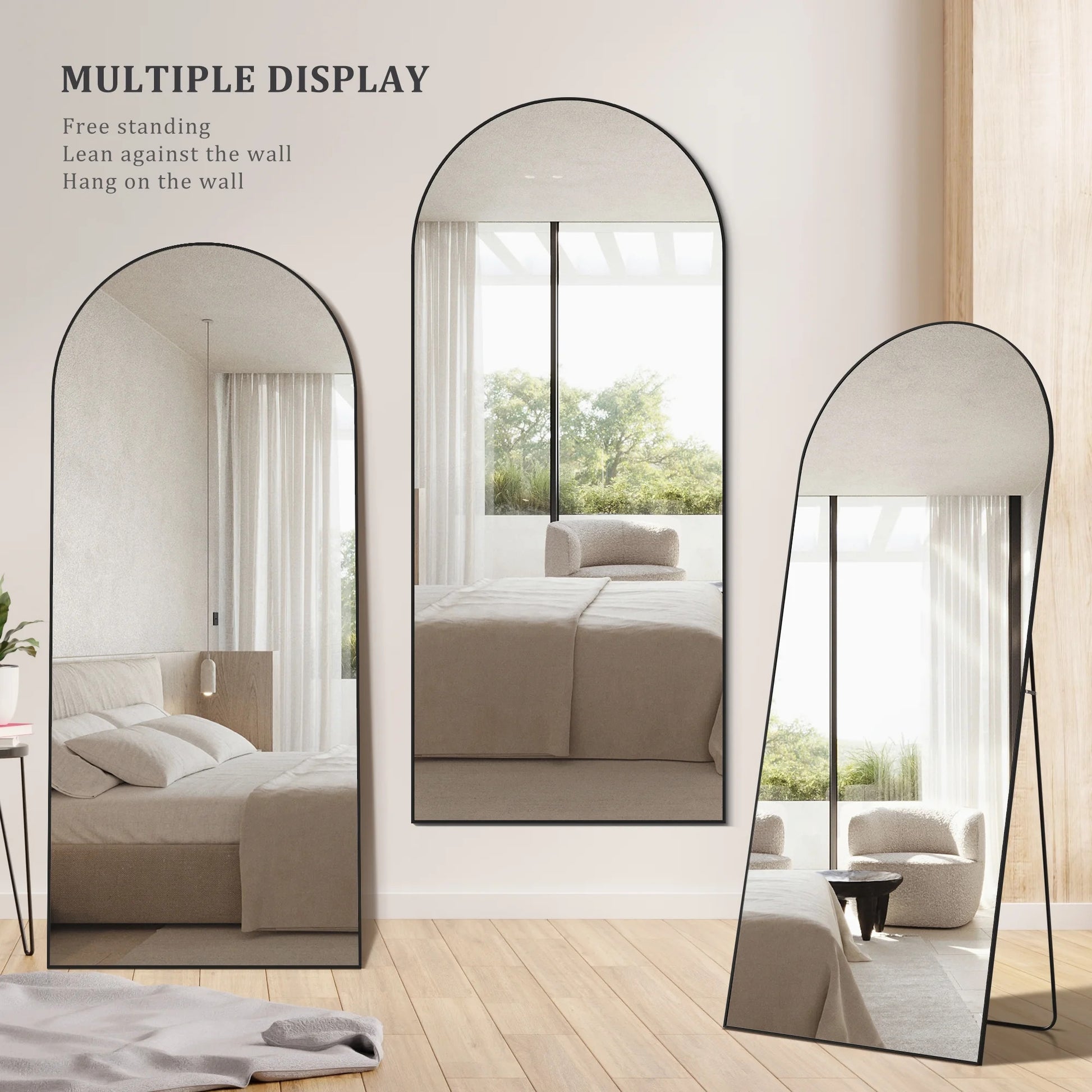 Three standing mirrors in a room with a bed and window view.