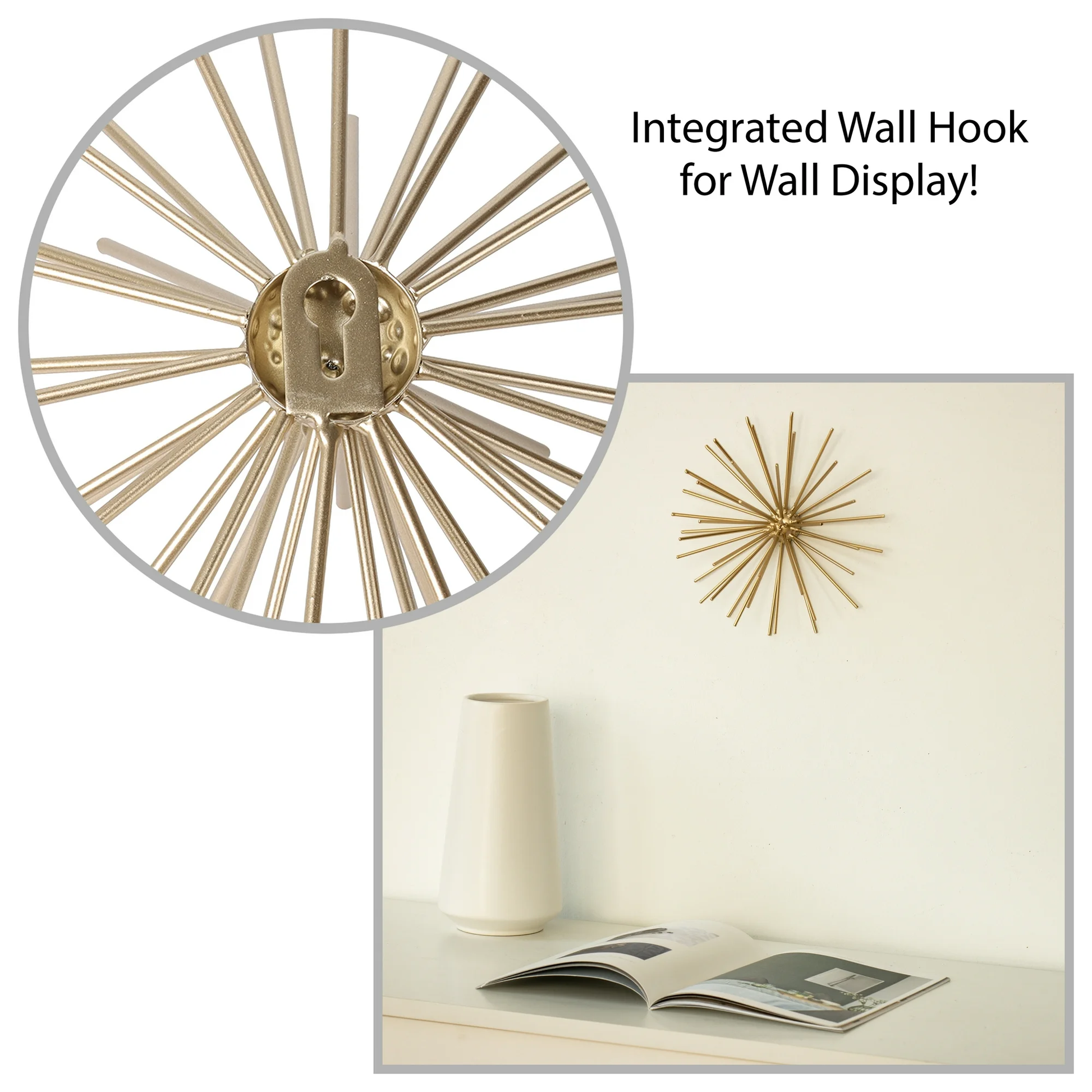 Decorative wall hook with sunburst design on a white wall with a vase and magazine.