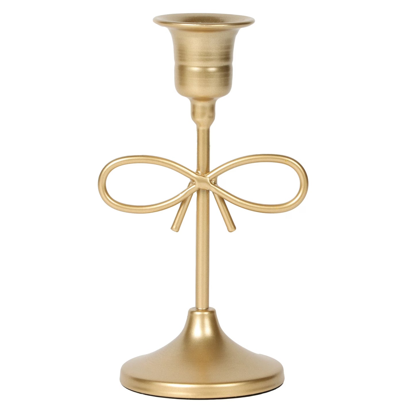 Gold candle holder with bow design on a white background