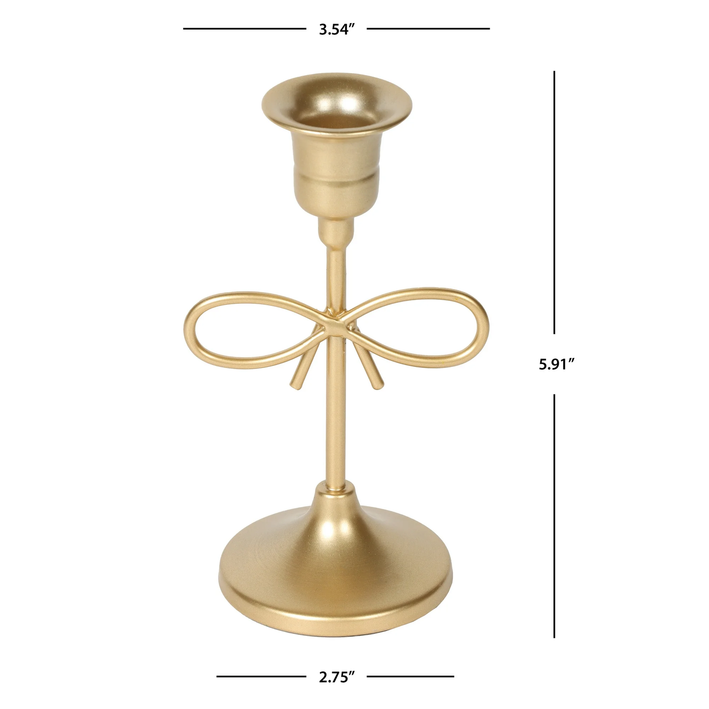 Gold candle holder with dimensions on a white background