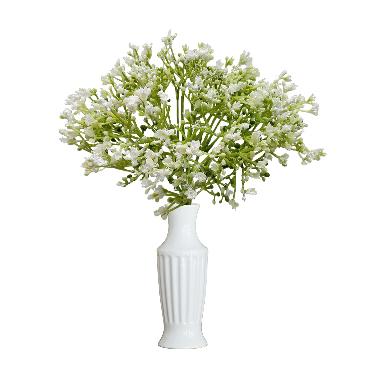 White vase with green and white flowers on a white background