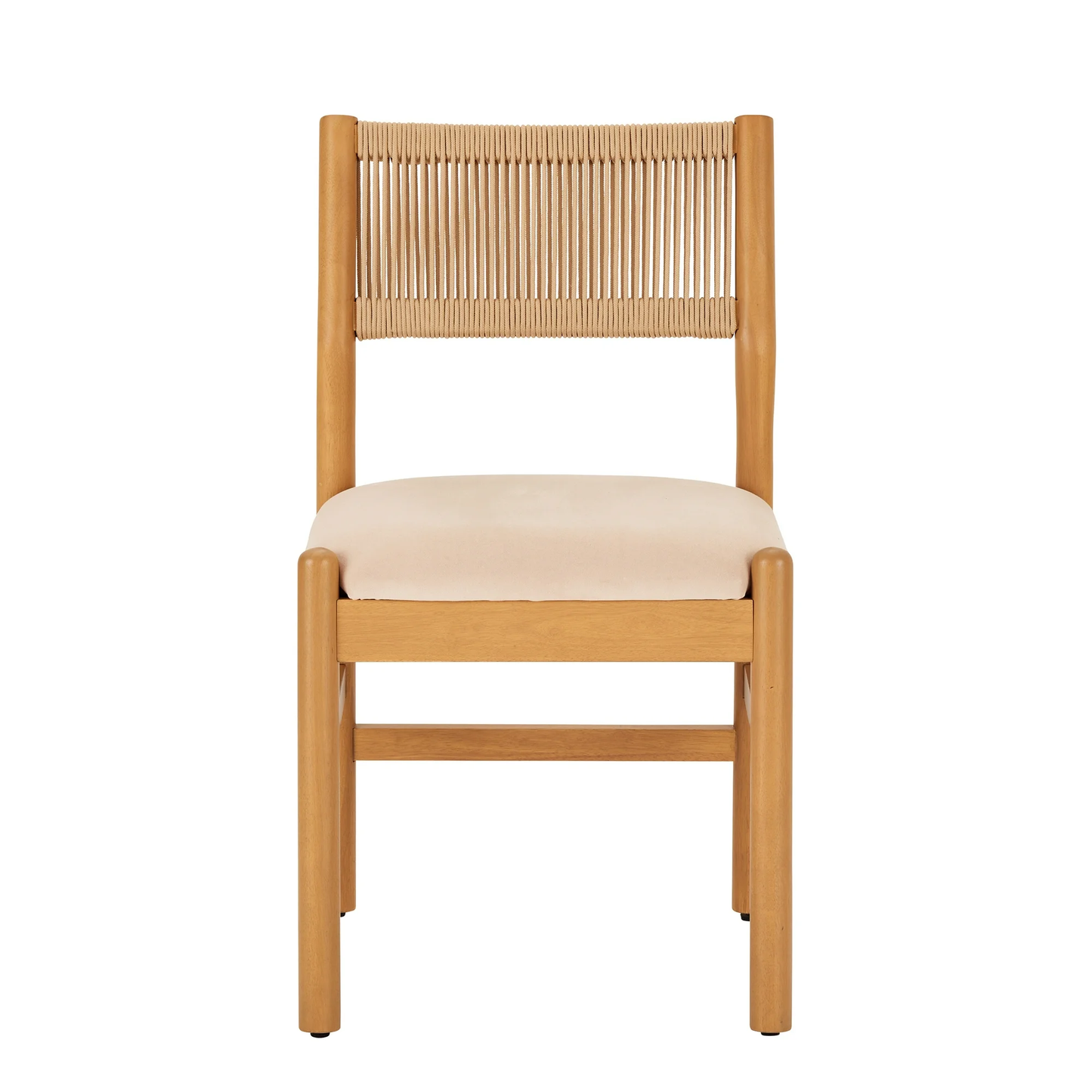 Wooden chair with woven backrest and white cushion on a white background