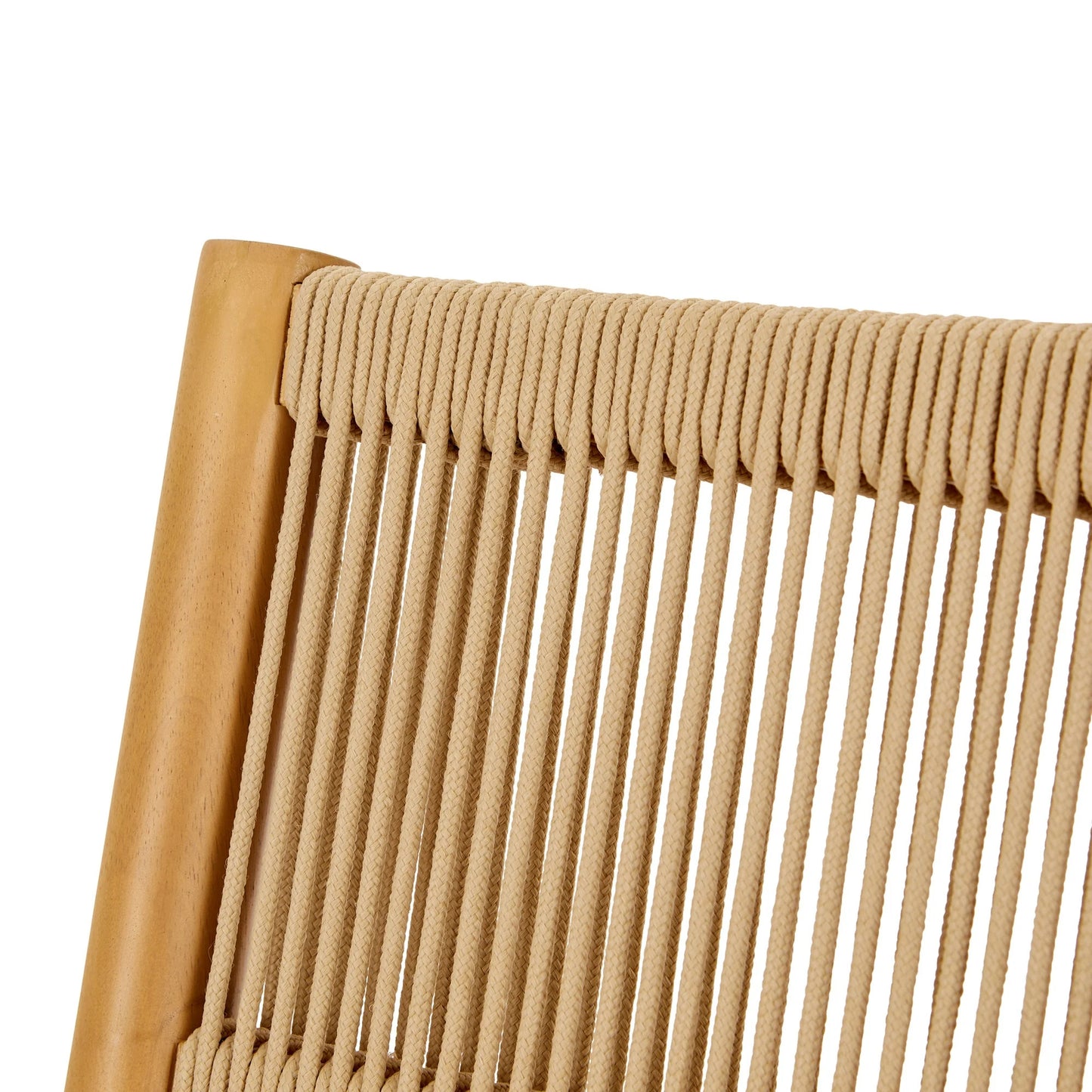 Close-up of a beige woven chair with a wooden frame on a white background