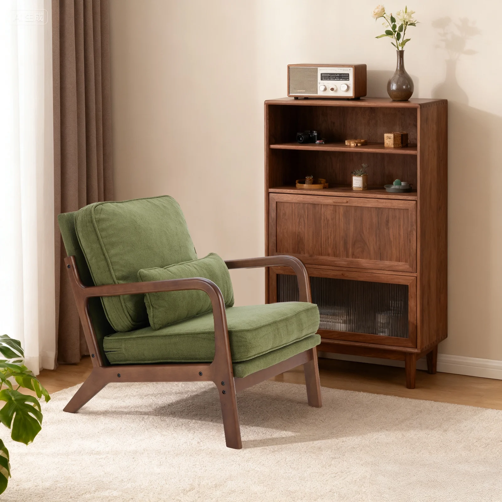 Green armchair in a room with a wooden cabinet and decorative items.