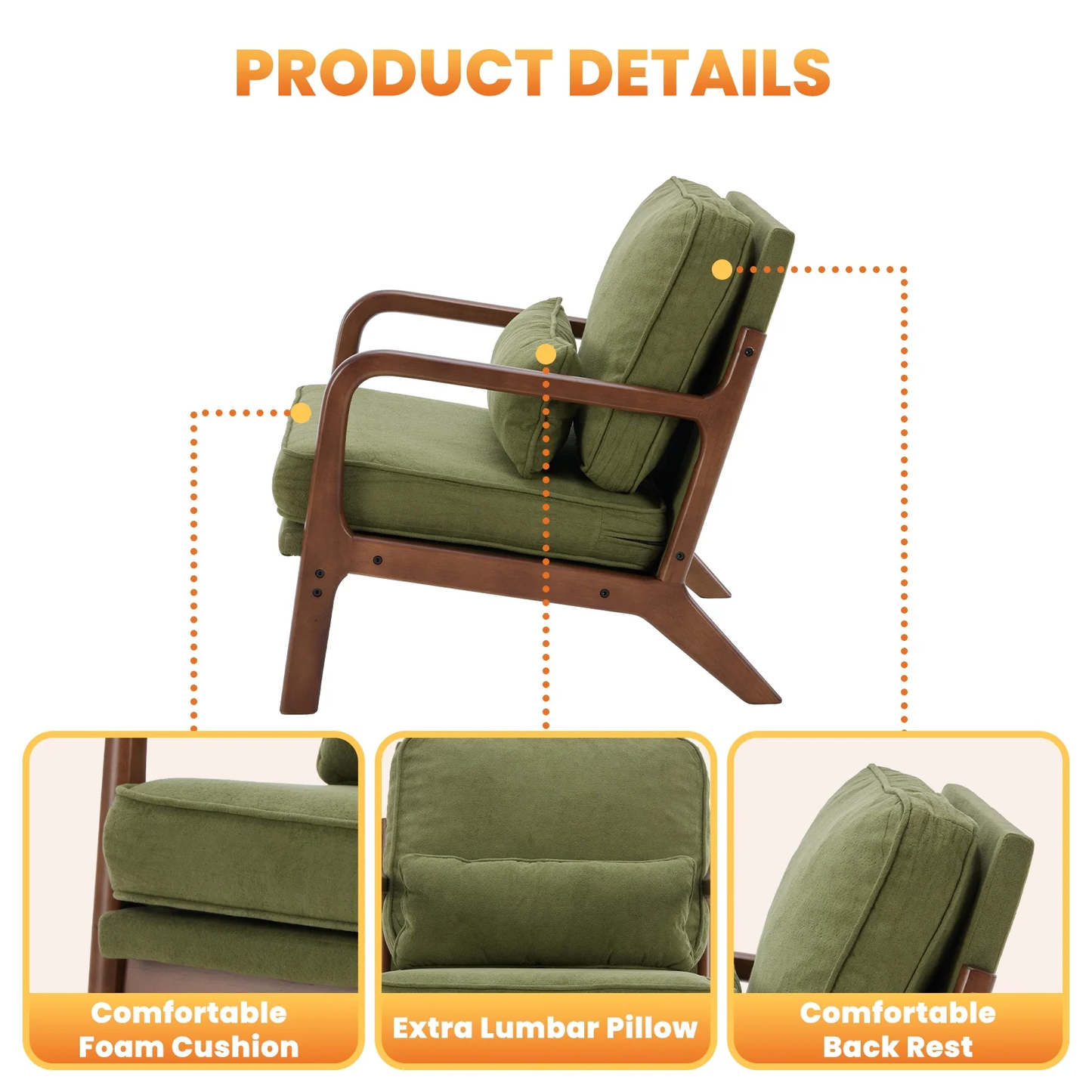 Green armchair with brown wooden frame, featuring comfortable foam cushion, extra lumbar pillow, and comfortable back rest on a white background.