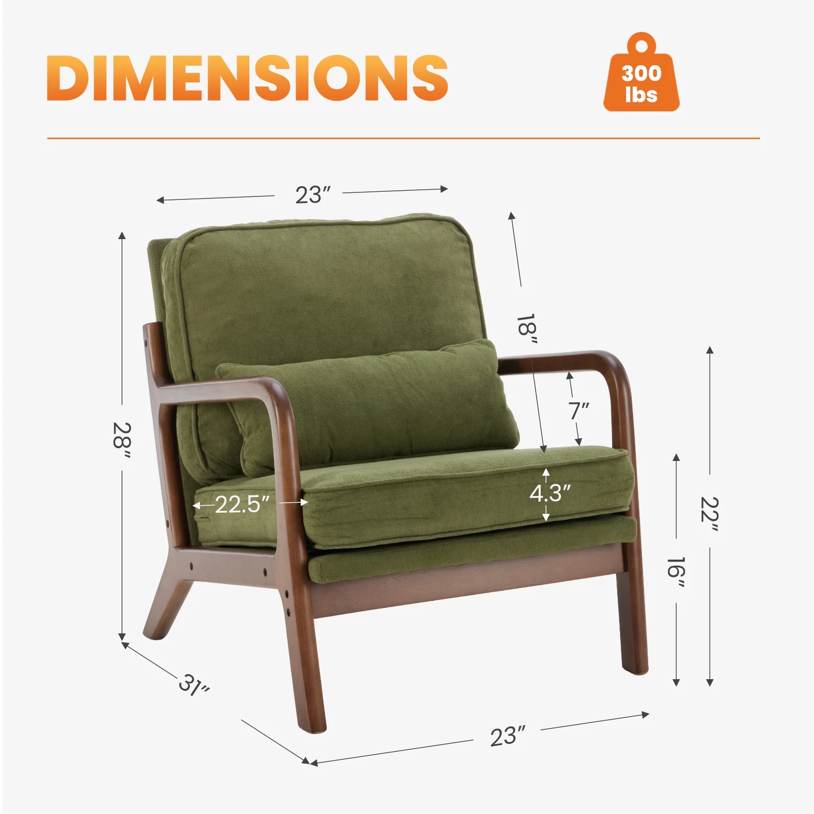 Green armchair with dimensions labeled on a white background