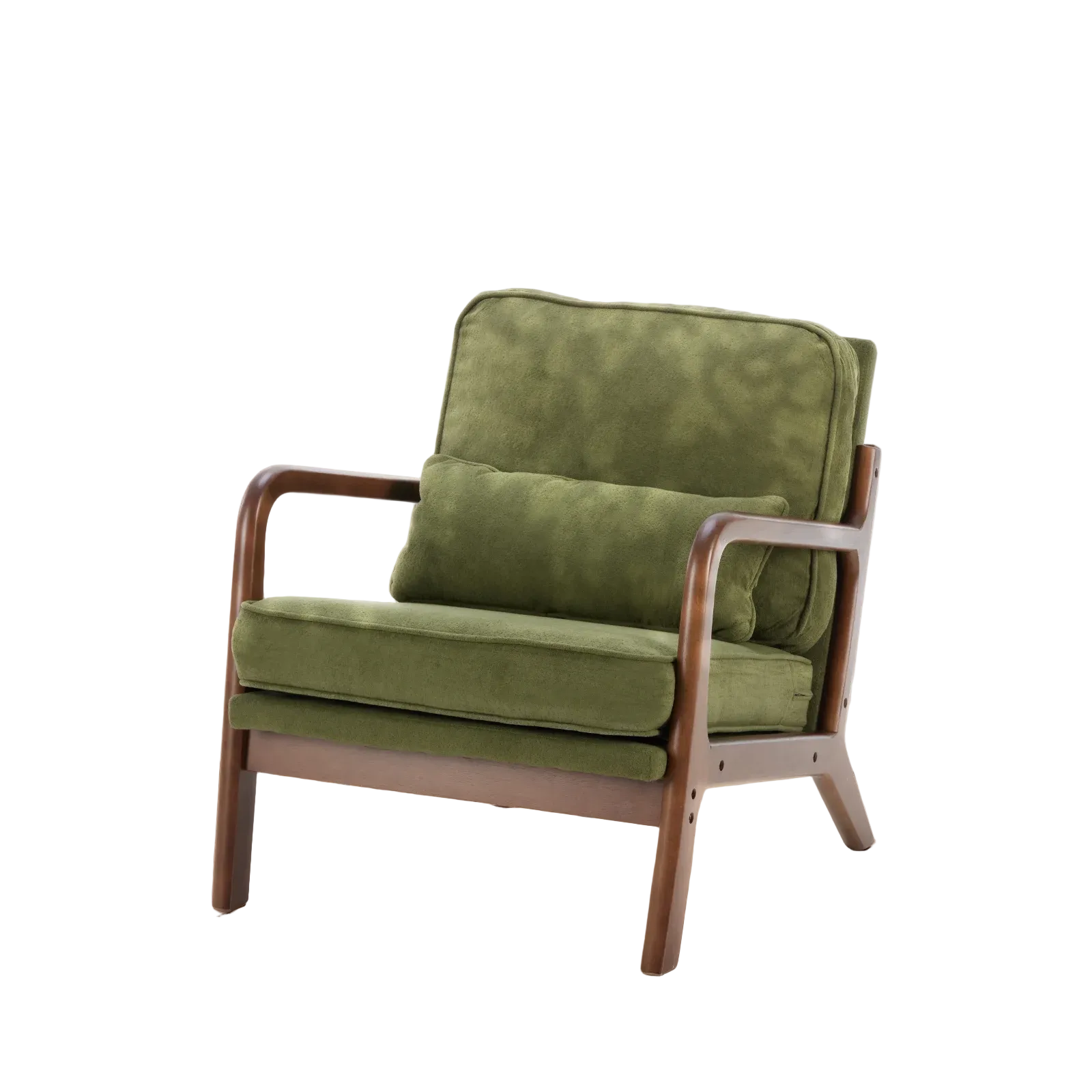 Green armchair with wooden frame in a bright room with curtains and a small table.