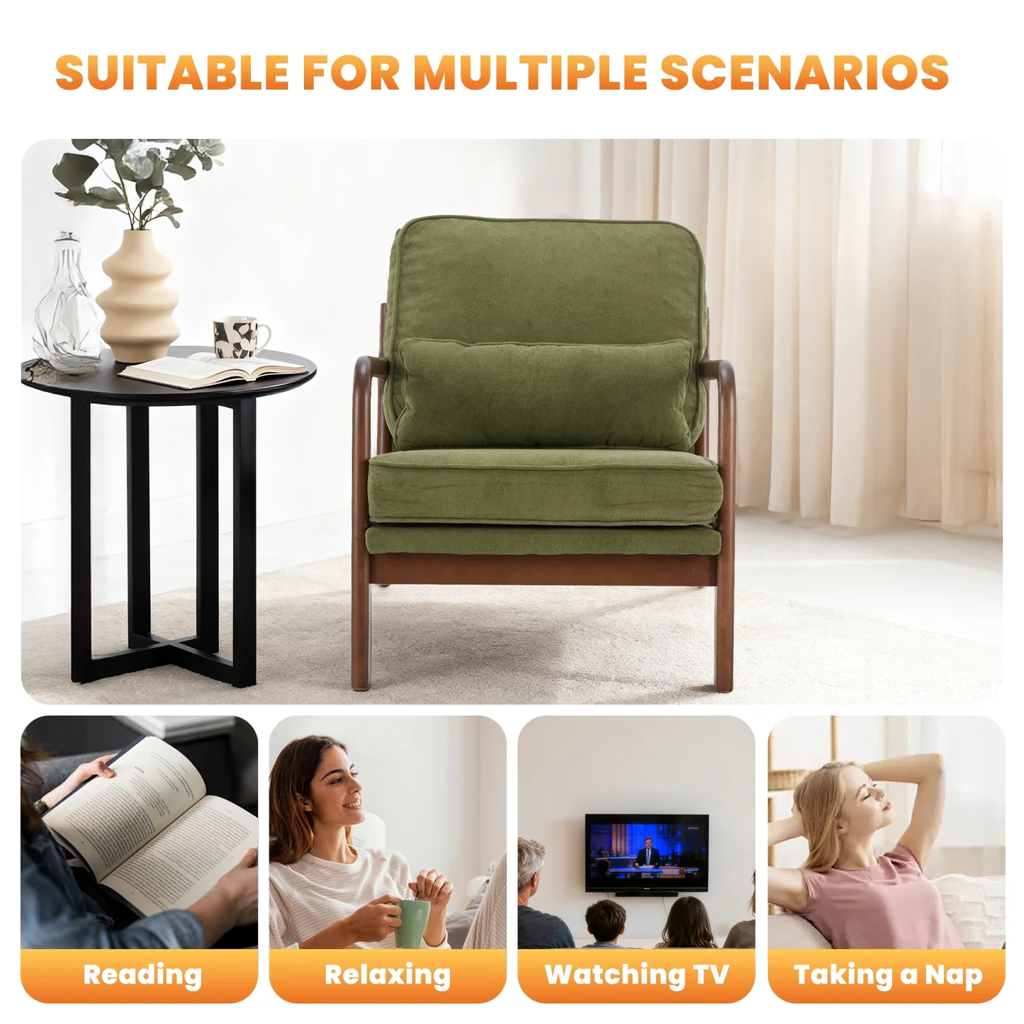 Green armchair in a room with a side table and decorative items, suitable for multiple activities.
